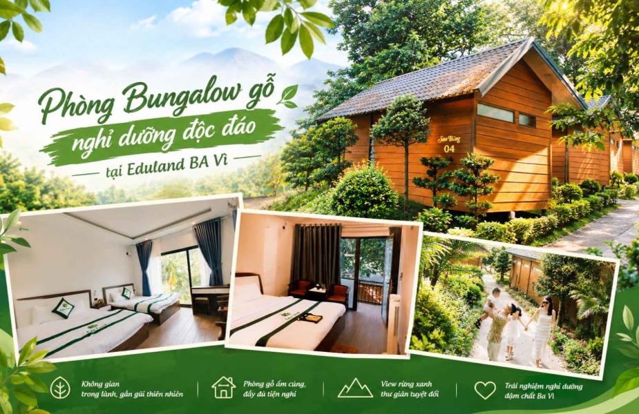 Wooden Bungalows at Eduland Ba Vi – Da River View Rooms, Free Dao Herbal Bath & Private Green Space